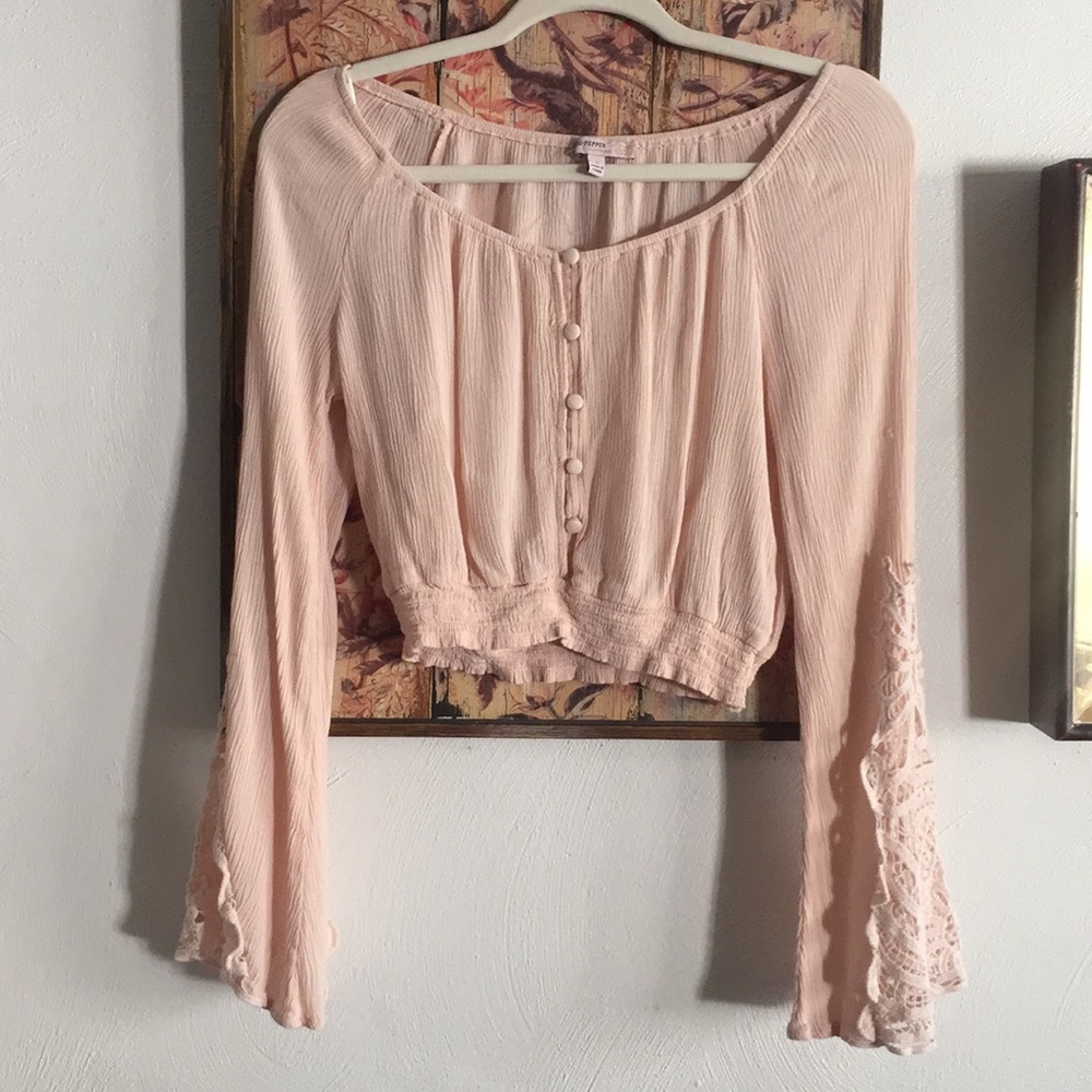 APRICOT LANE TOP BOHO BELL SLEEVE CROCHET LONG SLEEVE BLOUSE TOP S BLUSH PEACH